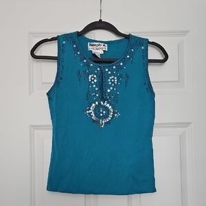 Joseph A Y2K Beaded Sequin Embellished Keyhole Sleeveless Knit Top Teal M